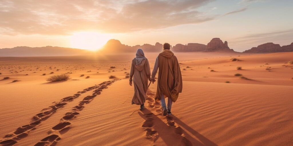 A panoramic shot of the Dubai desert at dawn, with the first light of sunrise casting a soft glow over the endless expanse of golden sand.